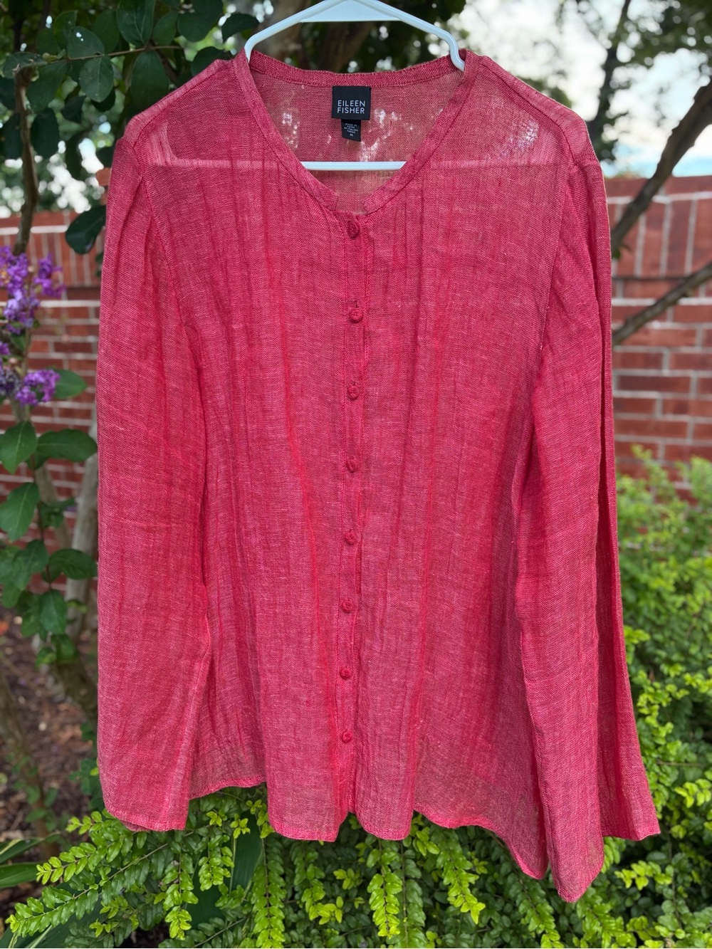 EILEEN FISHER Coral Red Italian Linen Button Front Long Sleeve Tunic Top Size M - Picture 1 of 7
